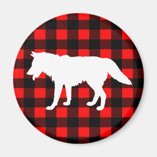 White Wolf & Rustic Black Red Buffalo Check Plaid Magnet