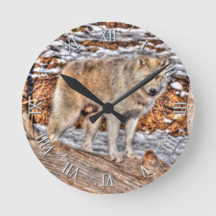White Wolf, Snow & Log Wildlife Art Clock