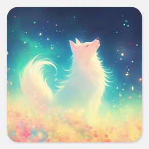 White Wolf Standing in Vibrant Colourful Wildflowe Square Sticker