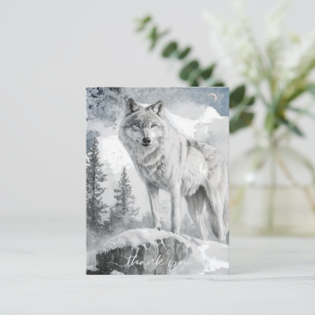 White Wolf Watercolor Winter Postcard (Standing Front)
