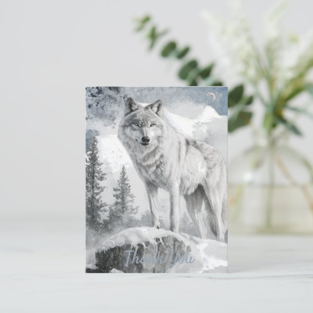 White Wolf Watercolor Winter Postcard (Standing Front)