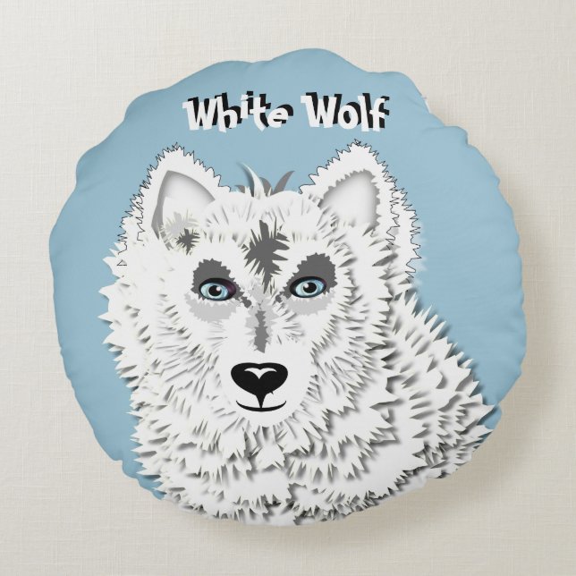 White Wolf Wild Animal Illustration Round Cushion (Back)