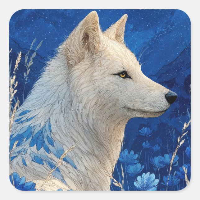White Wolf with Blue Floral Fur Pattern Art Square Sticker (Front)