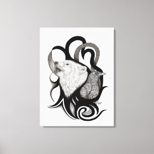 White Wolf with Raven Tribal Art Canvas Print