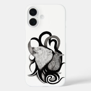White Wolf with Raven Tribal Art iPhone 16 Case