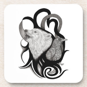 White Wolf with Raven Tribal Art Coaster