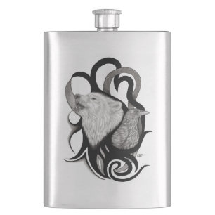 White Wolf with Raven Tribal Art Hip Flask