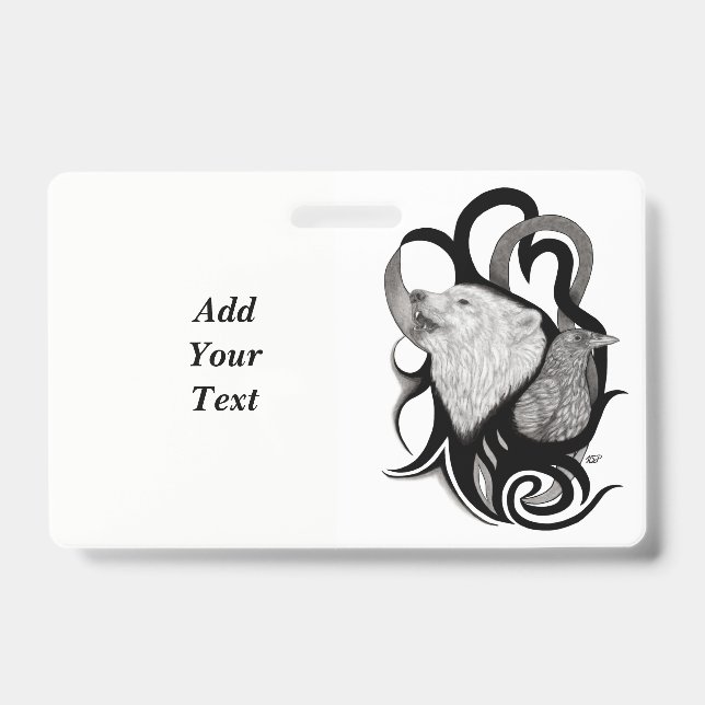 White Wolf with Raven Tribal Art ID Badge (Front)