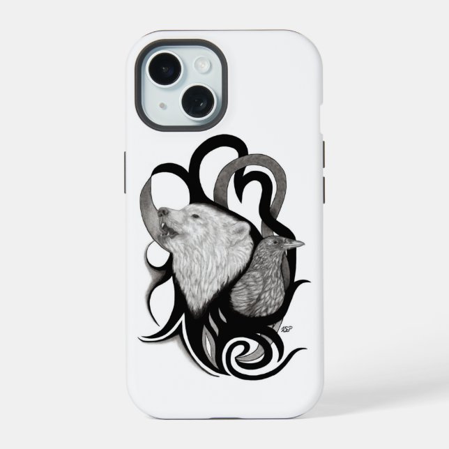White Wolf with Raven Tribal Art  iPhone 15 Case (Back)