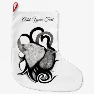 White Wolf with Raven Tribal Art Large Christmas Stocking