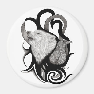 White Wolf with Raven Tribal Art Magnet