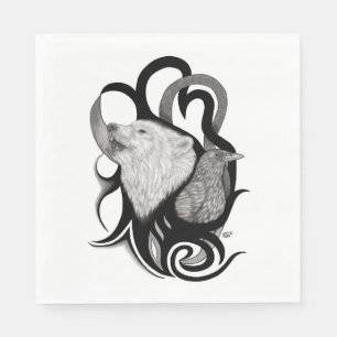 White Wolf with Raven Tribal Art Napkin