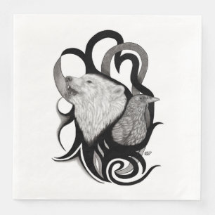 White Wolf with Raven Tribal Art Napkin
