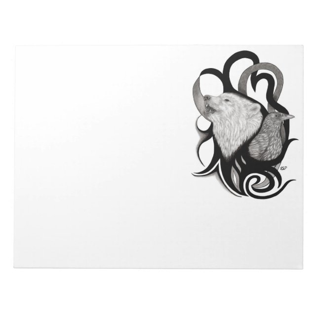 White Wolf with Raven Tribal Art Notepad (Front)
