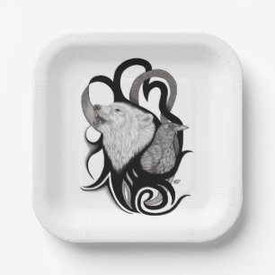 White Wolf with Raven Tribal Art Paper Plate