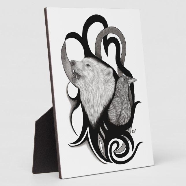White Wolf with Raven Tribal Art Plaque (Side)