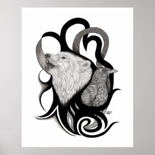 White Wolf with Raven Tribal Art Poster