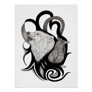 White Wolf with Raven Tribal Art Poster
