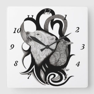White Wolf with Raven Tribal Art Square Wall Clock