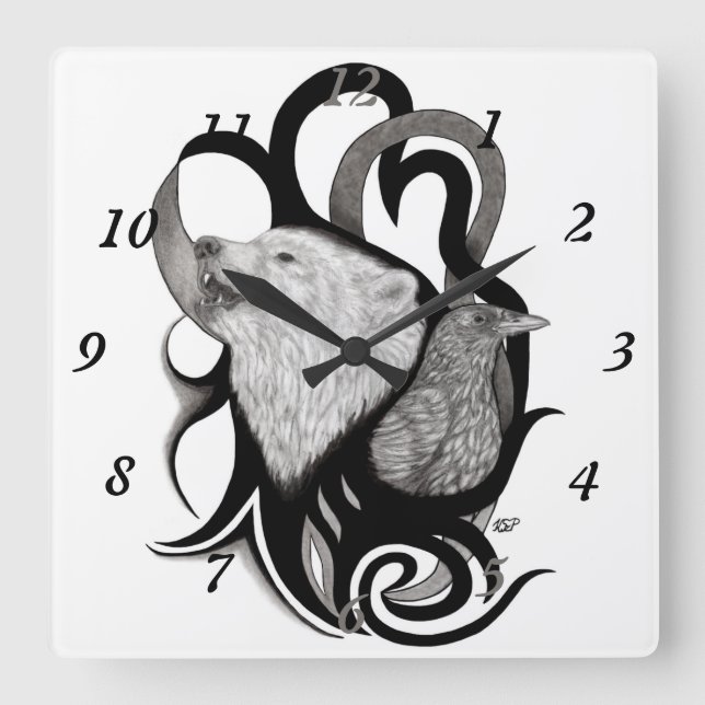 White Wolf with Raven Tribal Art Square Wall Clock (Front)