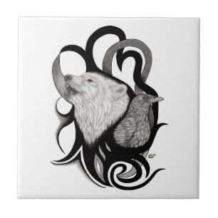 White Wolf with Raven Tribal Art Tile