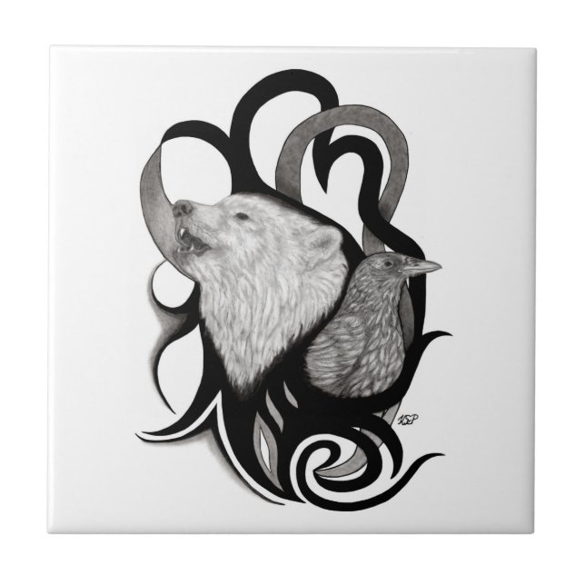 White Wolf with Raven Tribal Art Tile (Front)