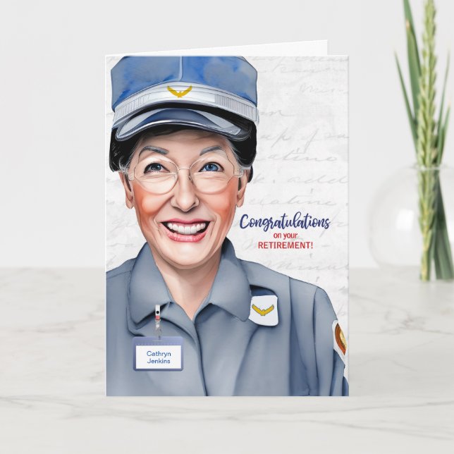 White Woman Postal Mail Carrier Retirement Card (Front)