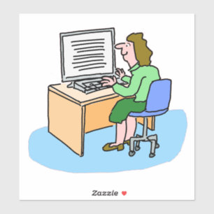 White woman working at a computer sticker