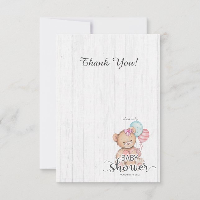 White Wood Balloon Bear Girl Baby Shower Thank You (Front)