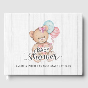 White Wood Balloons & Bear Wishes for Baby Shower Guest Book