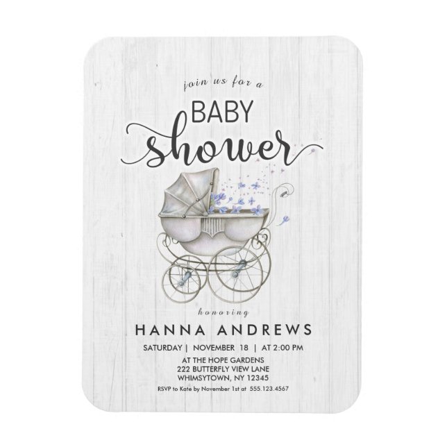 White Wood & Carriage Boy Baby Shower Invitation Magnet (Vertical)
