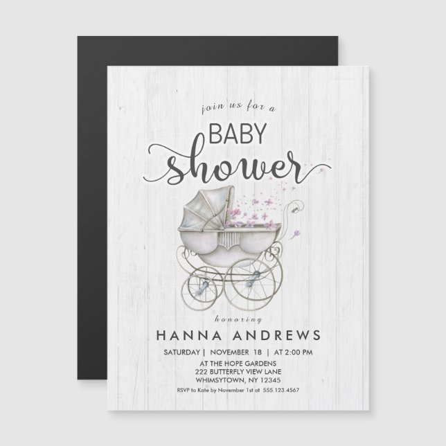 White Wood & Carriage Girl Baby Shower Invitation (Front/Back)