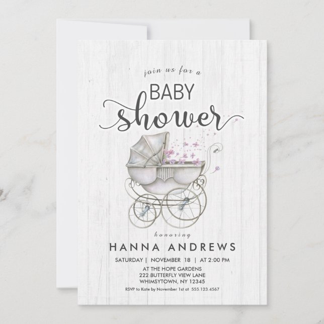 White Wood & Carriage Girl Baby Shower Invitation (Front)