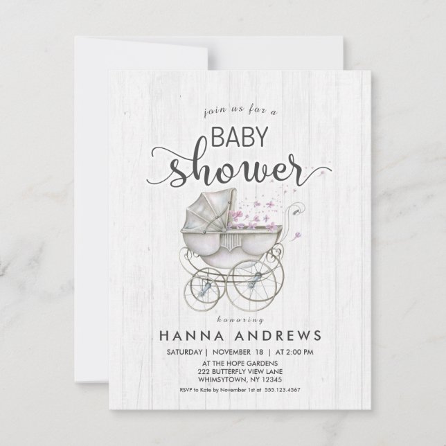White Wood & Carriage Girl Baby Shower Invitation (Front)