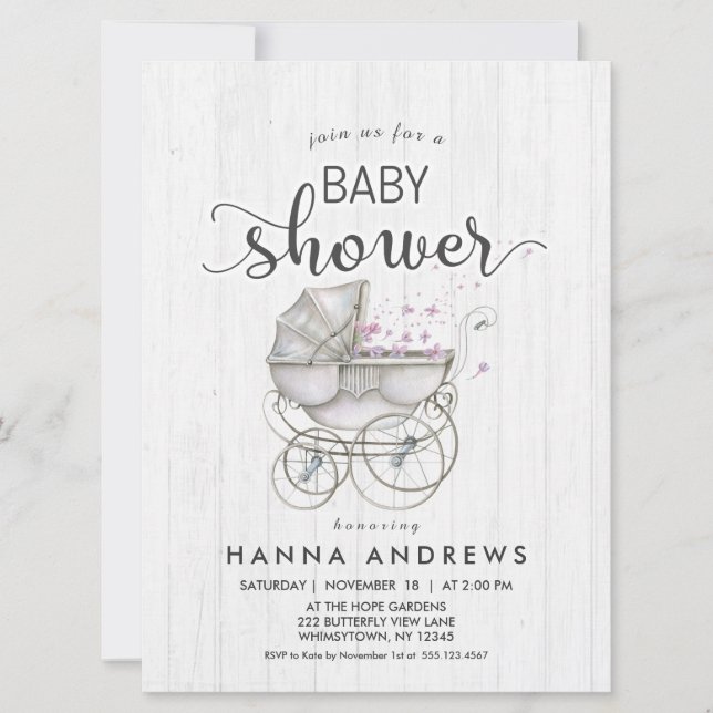 White Wood & Carriage Girl Baby Shower Invitation (Front)