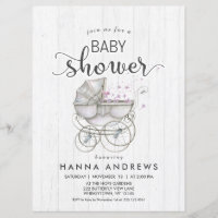 White Wood & Carriage Girl Baby Shower Invitation