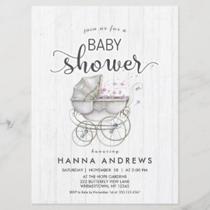 White Wood & Carriage Girl Baby Shower Invitation