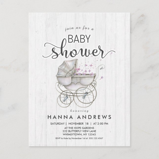 White Wood & Carriage Girl Baby Shower Invitation (Front)
