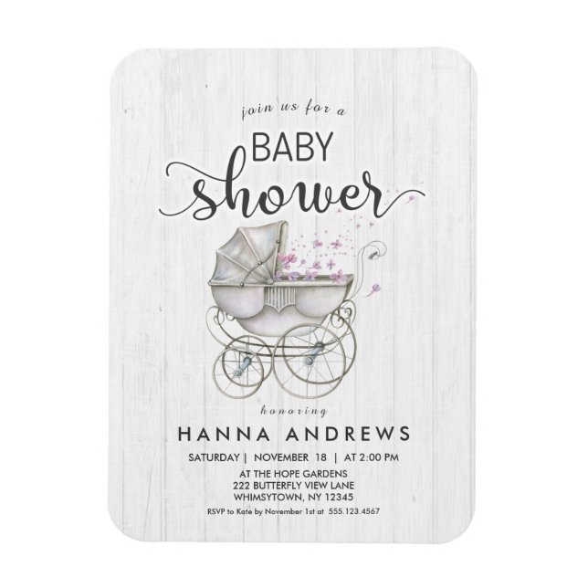 White Wood & Carriage Girl Baby Shower Invitation Magnet (Vertical)
