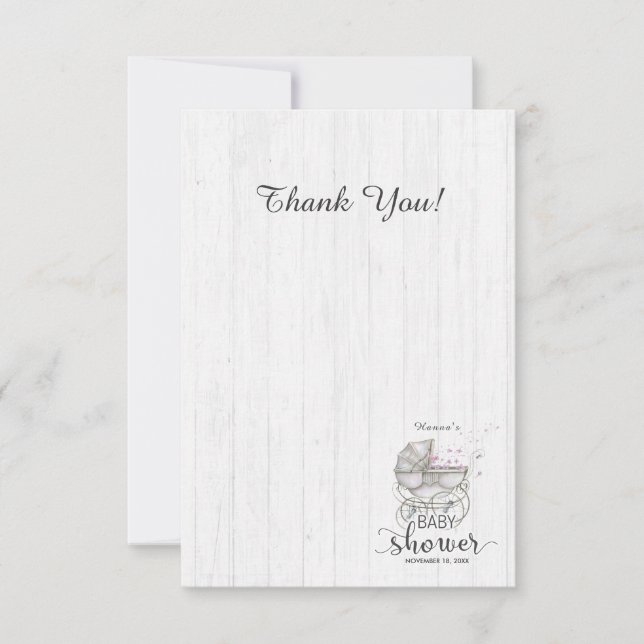 White Wood & Carriage Girl Baby Shower Thank You Card (Front)