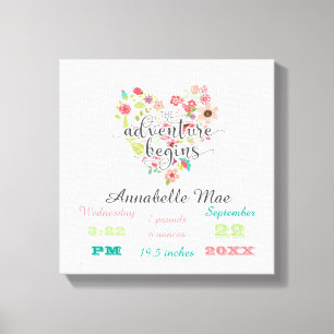 White Wood Chic Floral Heart Baby Girl Birth Stats Canvas Print