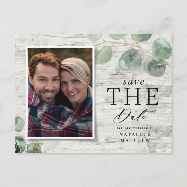 white wood eucalyptus botanical photo wedding  announcement postcard (Front)