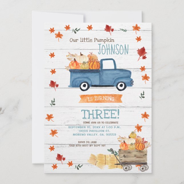 White Wood Fall Farm Navy Pumpkin Birthday  Invitation (Front)
