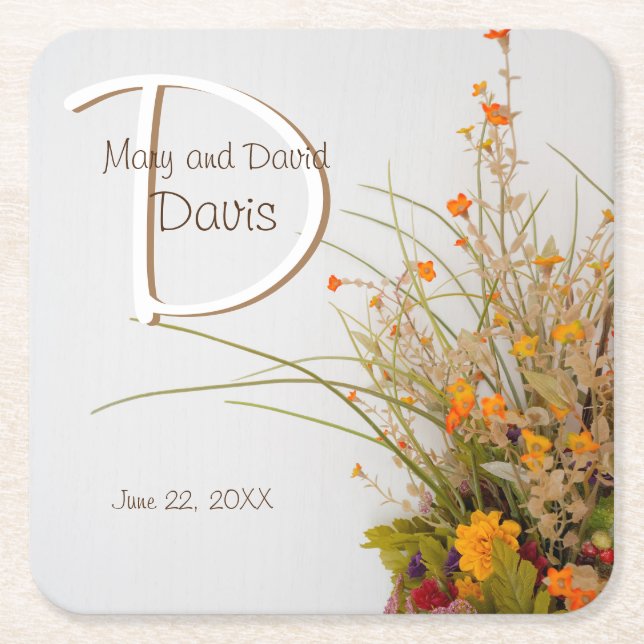 White Wood Fall Flowers Wedding Coasters (Front)