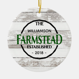 White Wood Farmhouse Family Name Christmas Ceramic Tree Decoration