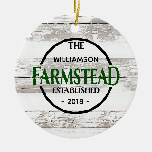 White Wood Farmhouse Family Name Christmas Ceramic Tree Decoration (Front)