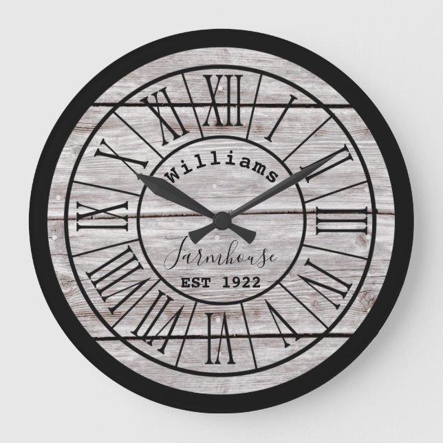 White Wood Farmhouse Family Name Large Clock (Front)