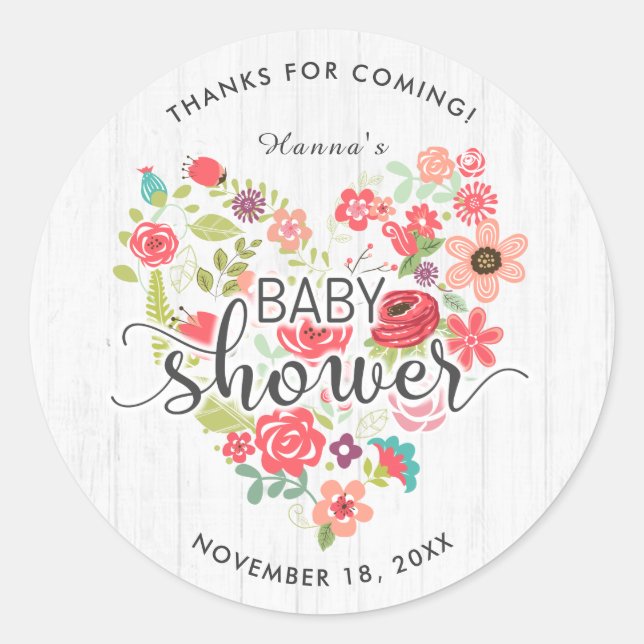 White Wood Floral Heart Girl Baby Shower Thank You Classic Round Sticker (Front)