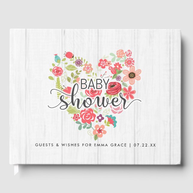 White Wood Floral Heart Wishes for Baby Shower Guest Book (Front)