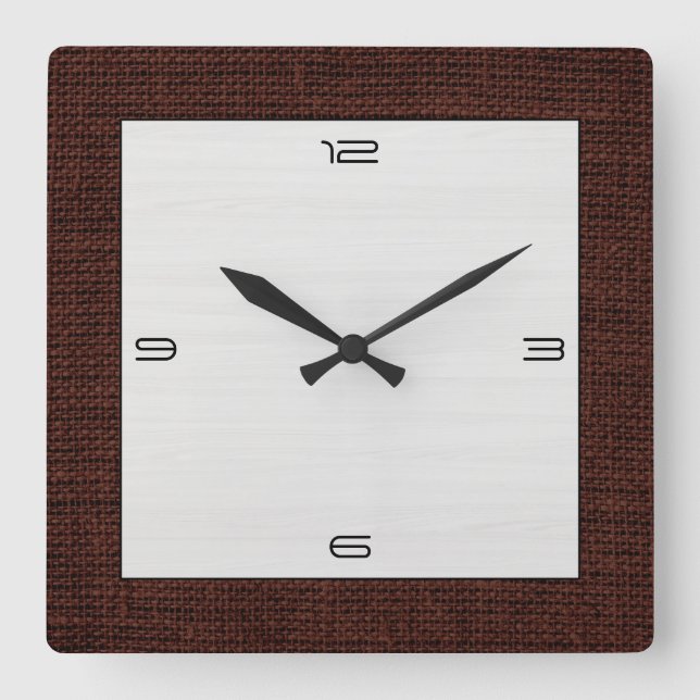 White Wood Grain Modern Burlap Border Square Wall Clock (Front)